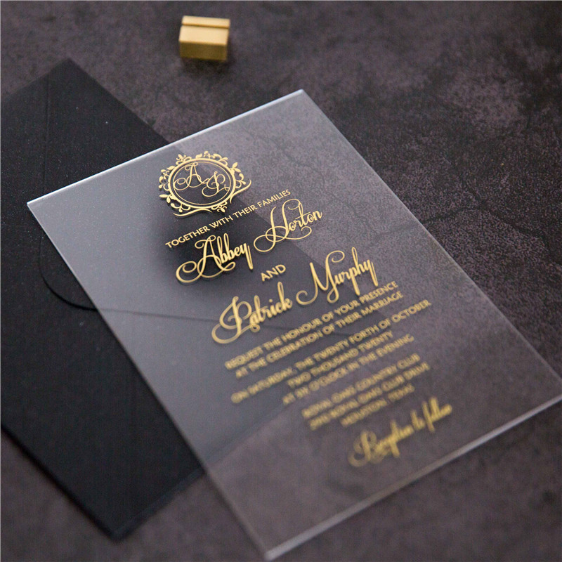 Acryl Siebdruck Goldene Einladungskarten zur Hochzeit ACR08 - zum Schließen ins Bild klicken