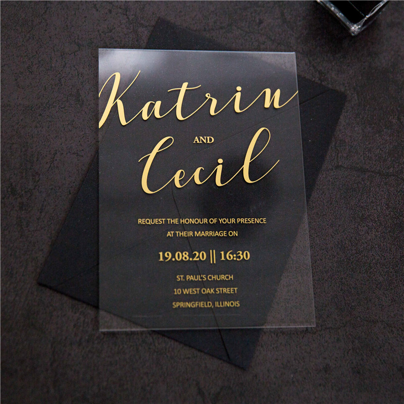 Acryl Siebdruck Goldene Einladungskarten zur Hochzeit ACR09 - zum Schließen ins Bild klicken