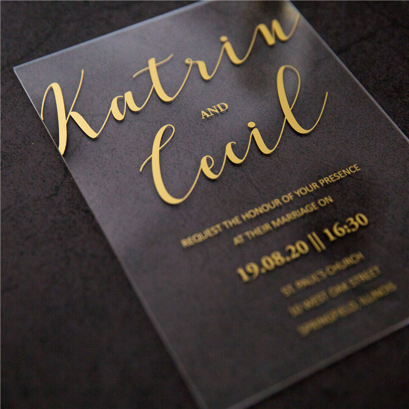 Acryl Siebdruck Goldene Einladungskarten zur Hochzeit ACR09