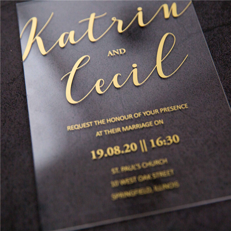 Acryl Siebdruck Goldene Einladungskarten zur Hochzeit ACR09