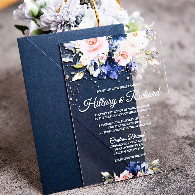 Navy Acryl Blumen UV Einladungskarten zur Hochzeit ACR16