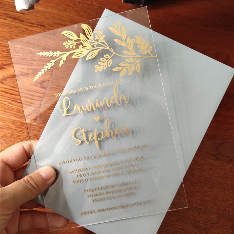 Moderne Acryl Laub Siebdruck Goldene Einladungskarten zur Hochzeit ACR17 - zum Schließen ins Bild klicken