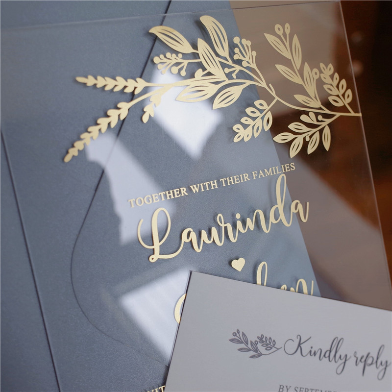 Moderne Acryl Laub Siebdruck Goldene Einladungskarten zur Hochzeit ACR17
