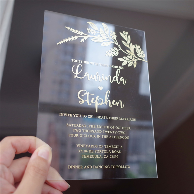 Moderne Acryl Laub Siebdruck Goldene Einladungskarten zur Hochzeit ACR17