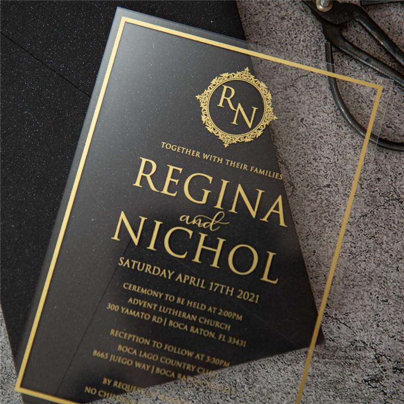 Moderne Acryl Siebdruck Goldene Einladungskarten zur Hochzeit ACR18 - zum Schließen ins Bild klicken
