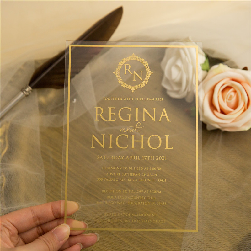 Moderne Acryl Siebdruck Goldene Einladungskarten zur Hochzeit ACR18