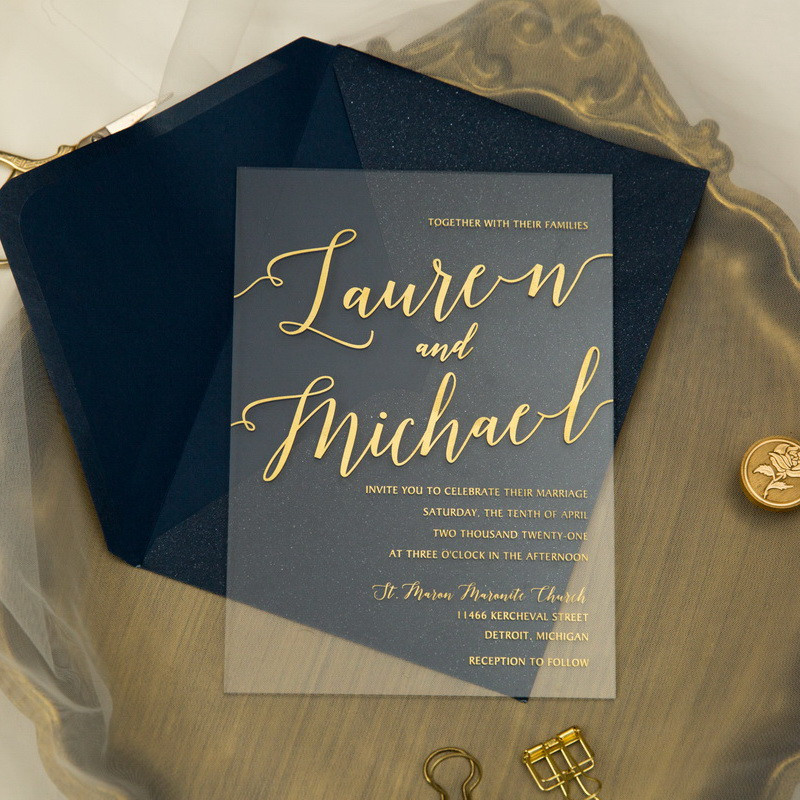 Einfache moderne klare Acryl Siebdruck Goldene Einladungskarten zur Hochzeit ACR21 - zum Schließen ins Bild klicken