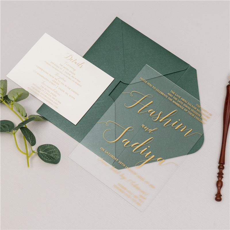Einfache moderne klare Acryl Siebdruck Goldene Einladungskarten zur Hochzeit ACR21