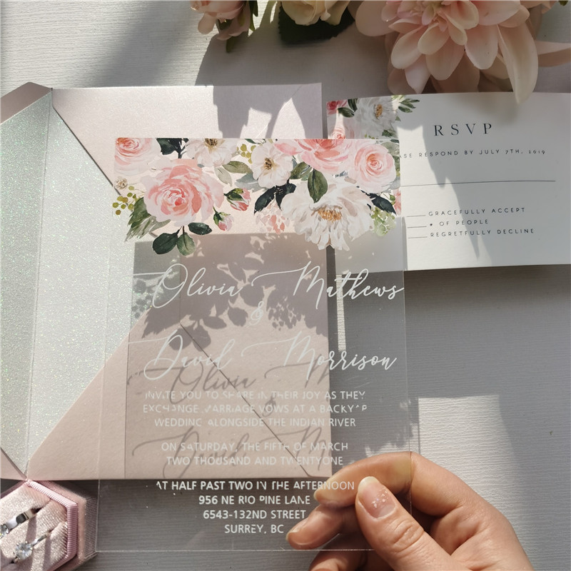 Romantische Blush Acryl Blumen UV Einladungskarten zur Hochzeit ACR22 - zum Schließen ins Bild klicken