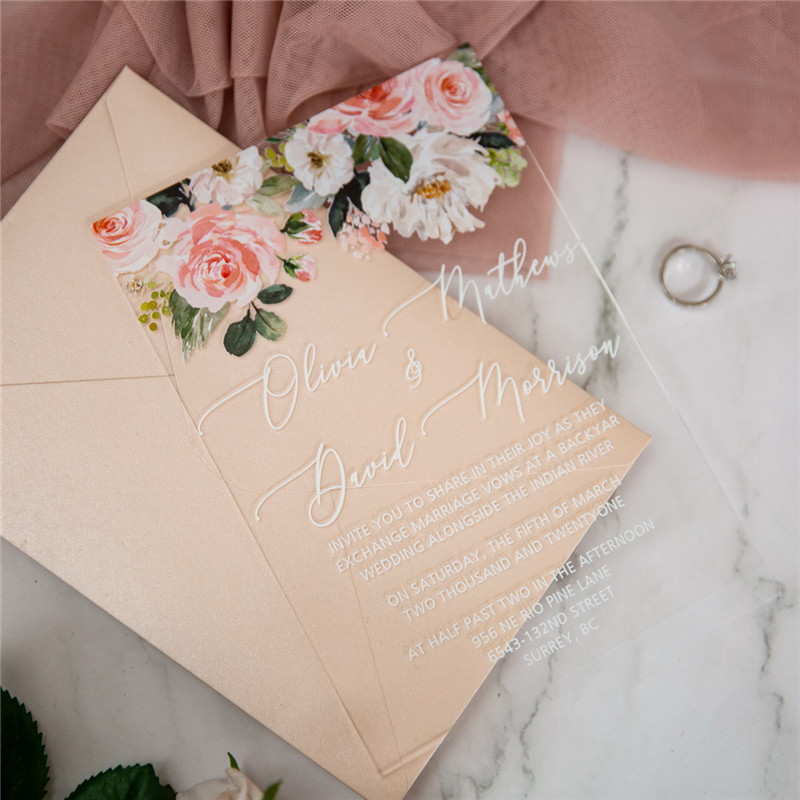 Romantische Blush Acryl Blumen UV Einladungskarten zur Hochzeit ACR22