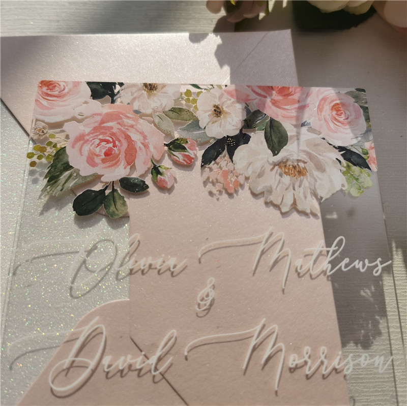 Romantische Blush Acryl Blumen UV Einladungskarten zur Hochzeit ACR22 - zum Schließen ins Bild klicken