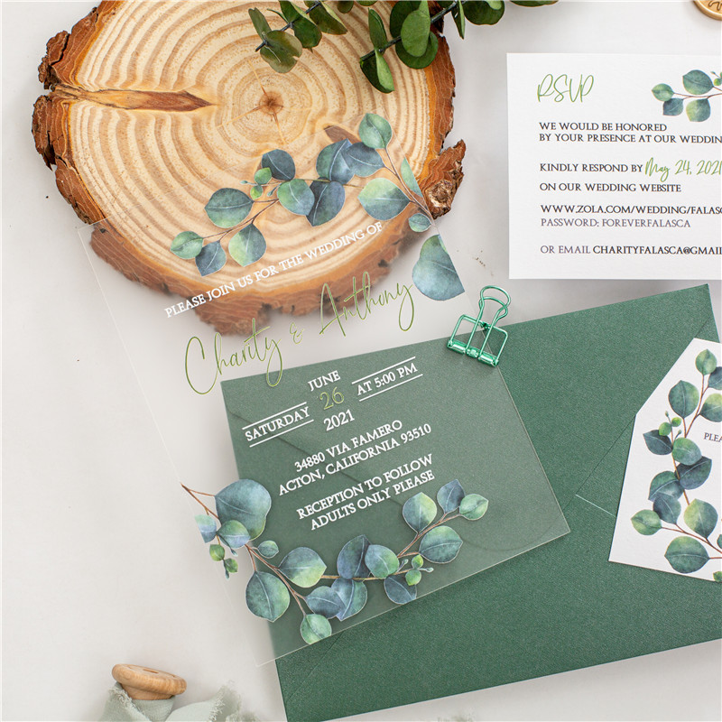 Grüne Eukalyptusblätter Acryl UV Einladungskarten zur Hochzeit ACR24 - zum Schließen ins Bild klicken