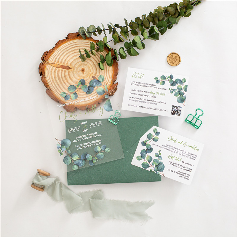 Grüne Eukalyptusblätter Acryl UV Einladungskarten zur Hochzeit ACR24 - zum Schließen ins Bild klicken