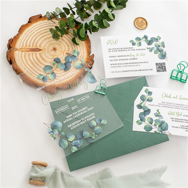 Grüne Eukalyptusblätter Acryl UV Einladungskarten zur Hochzeit ACR24