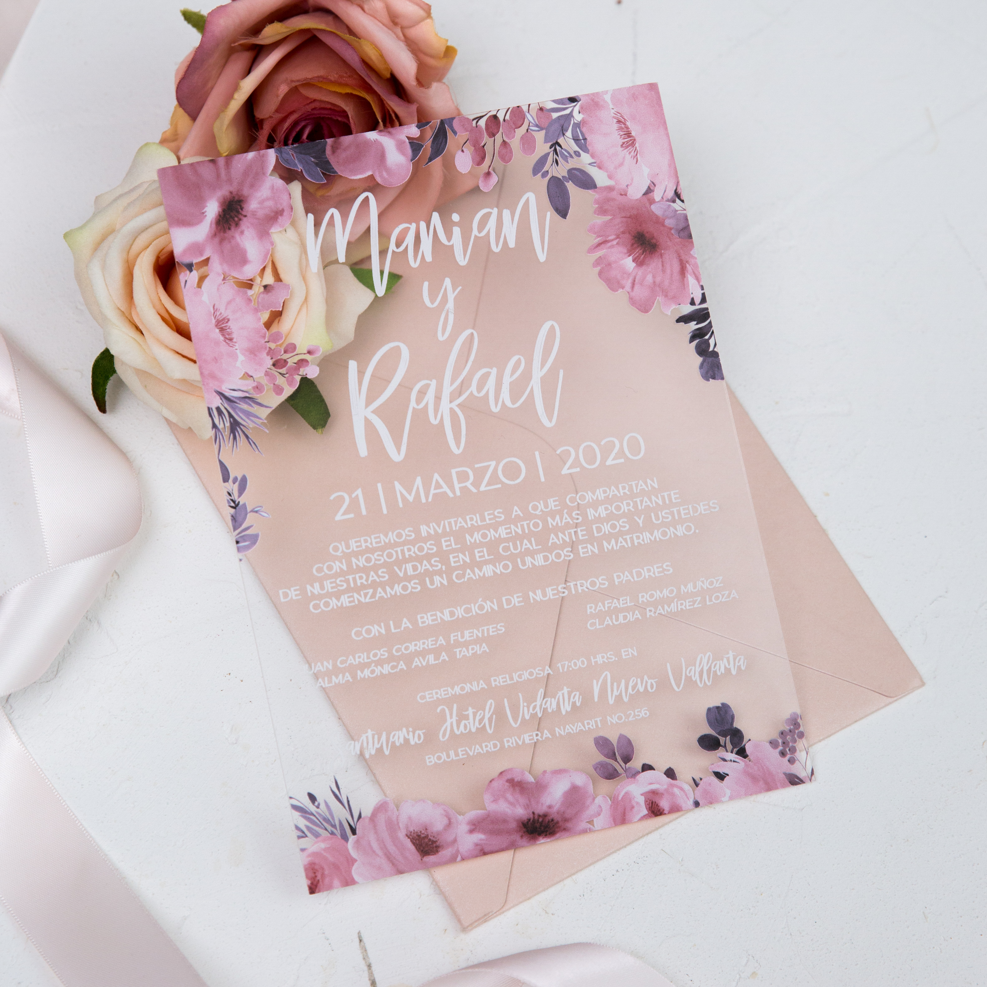 Lavender florale UV-Druck Acryl Einladungskarten zur Hochzeit ACR26
