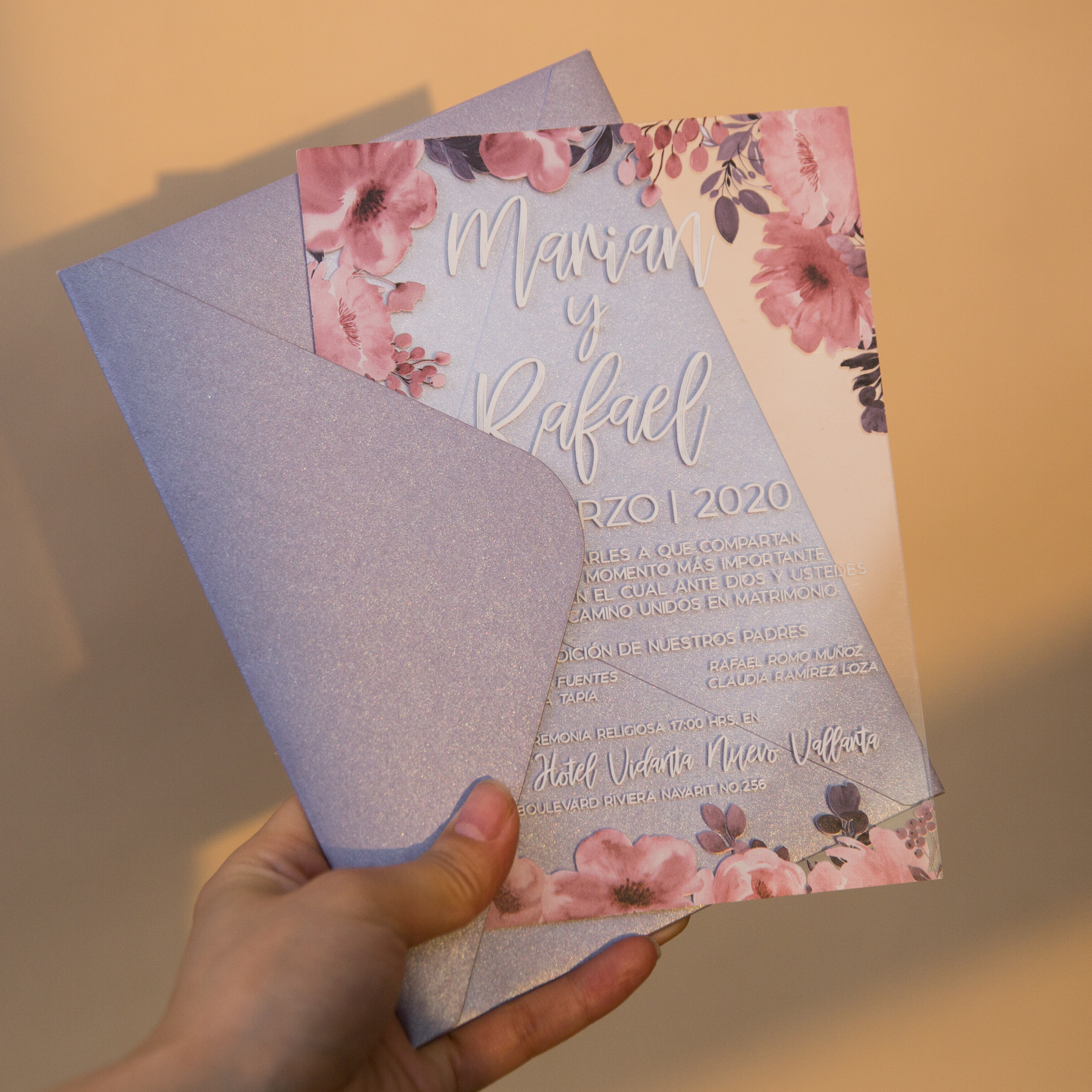 Lavender florale UV-Druck Acryl Einladungskarten zur Hochzeit ACR26 - zum Schließen ins Bild klicken
