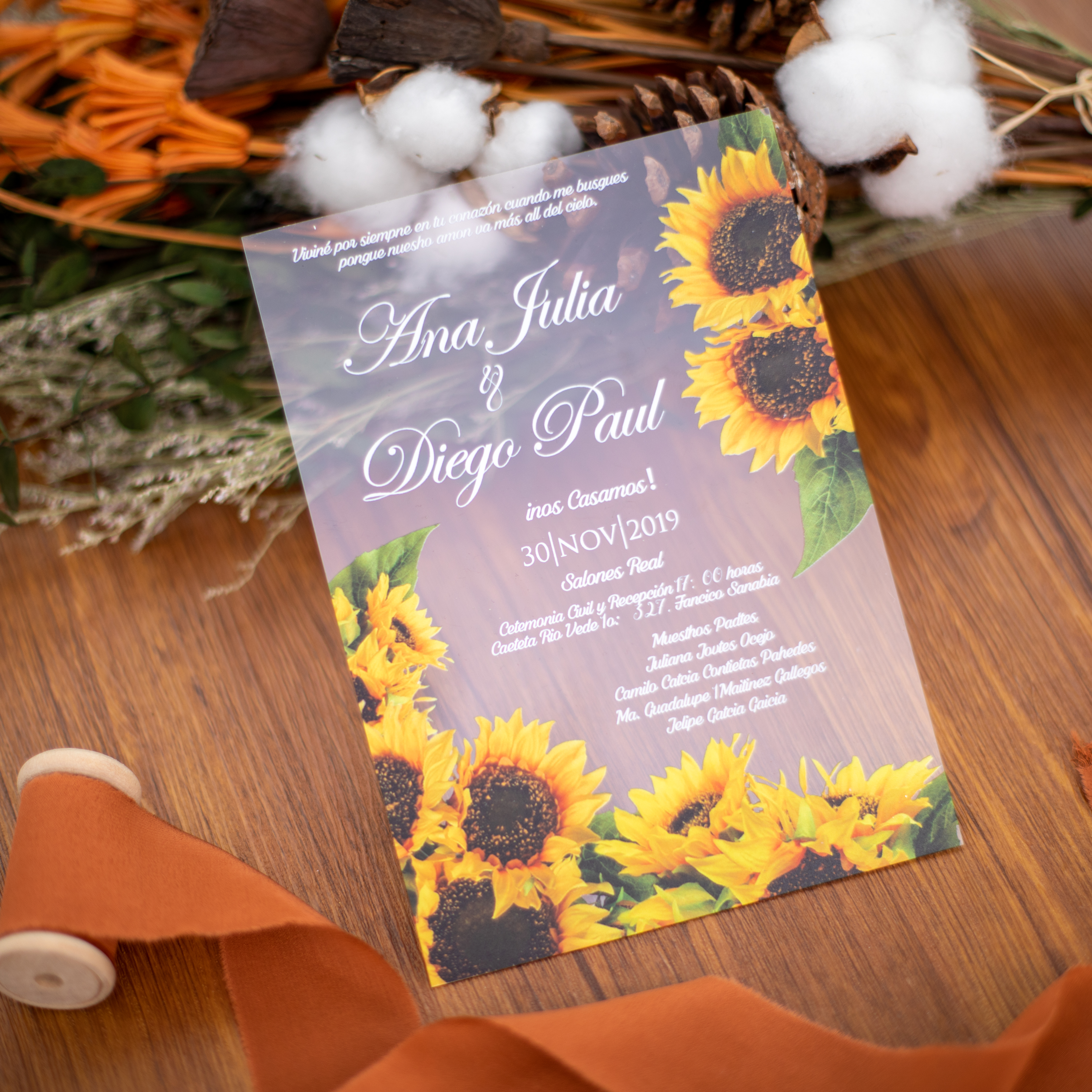 Sonnenblumen UV-Druck Acryl Einladungskarten zur Hochzeit ACR27