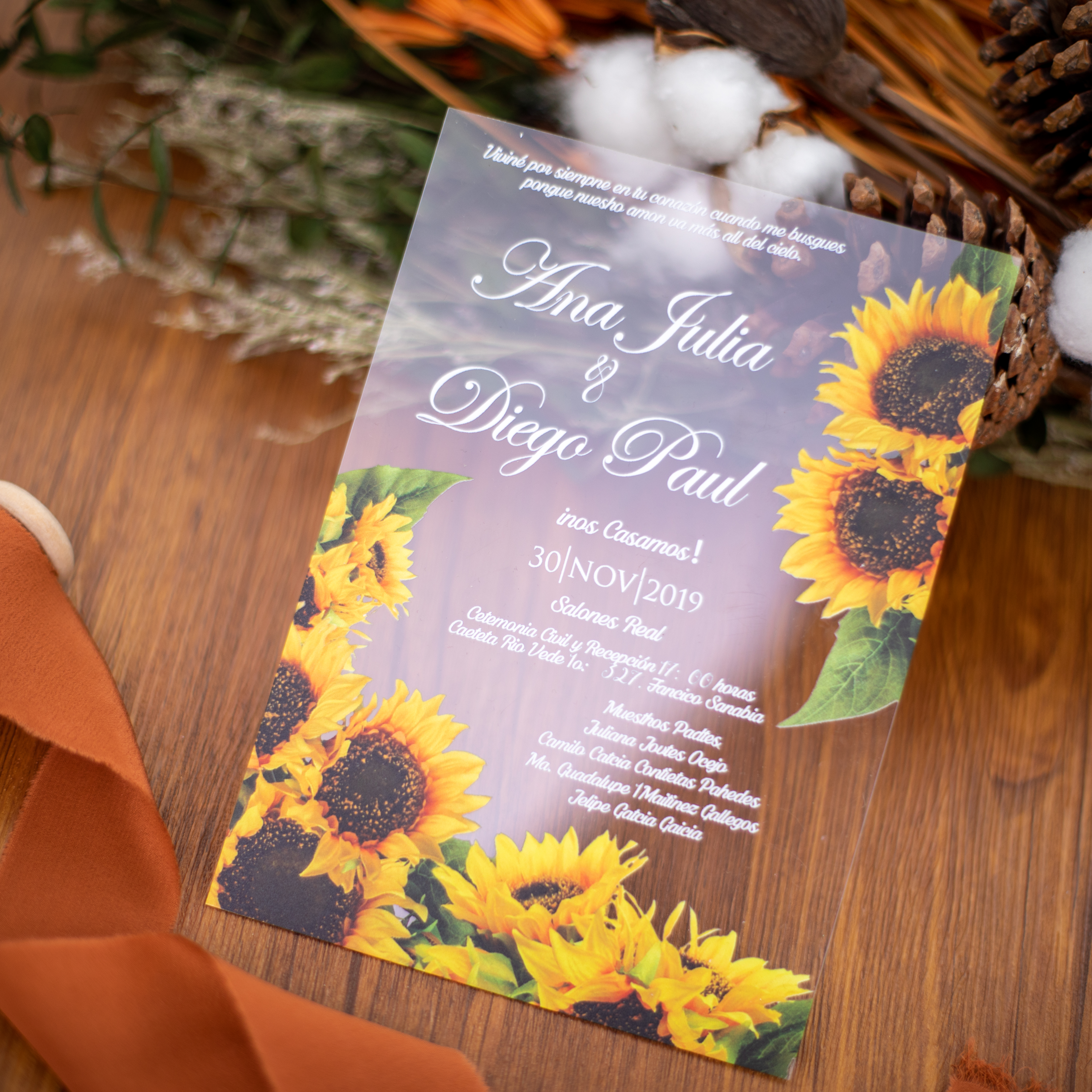 Sonnenblumen UV-Druck Acryl Einladungskarten zur Hochzeit ACR27 - zum Schließen ins Bild klicken