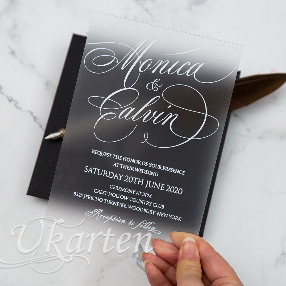 Matt Acryl Hochzeitseinladungen mit weißem UV Druck FACR01 - zum Schließen ins Bild klicken