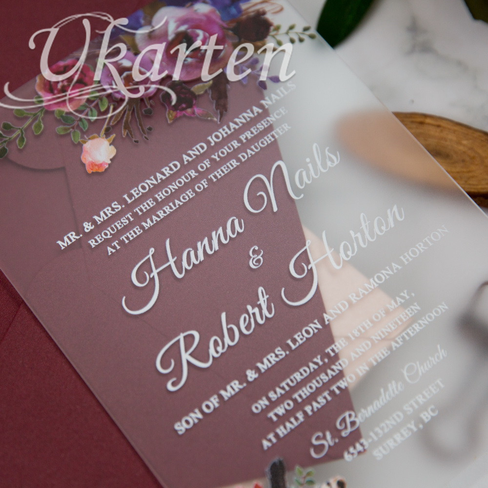 Matt-Acryl florale Hochzeitseinladungen mit UV Druck FACR03 - zum Schließen ins Bild klicken