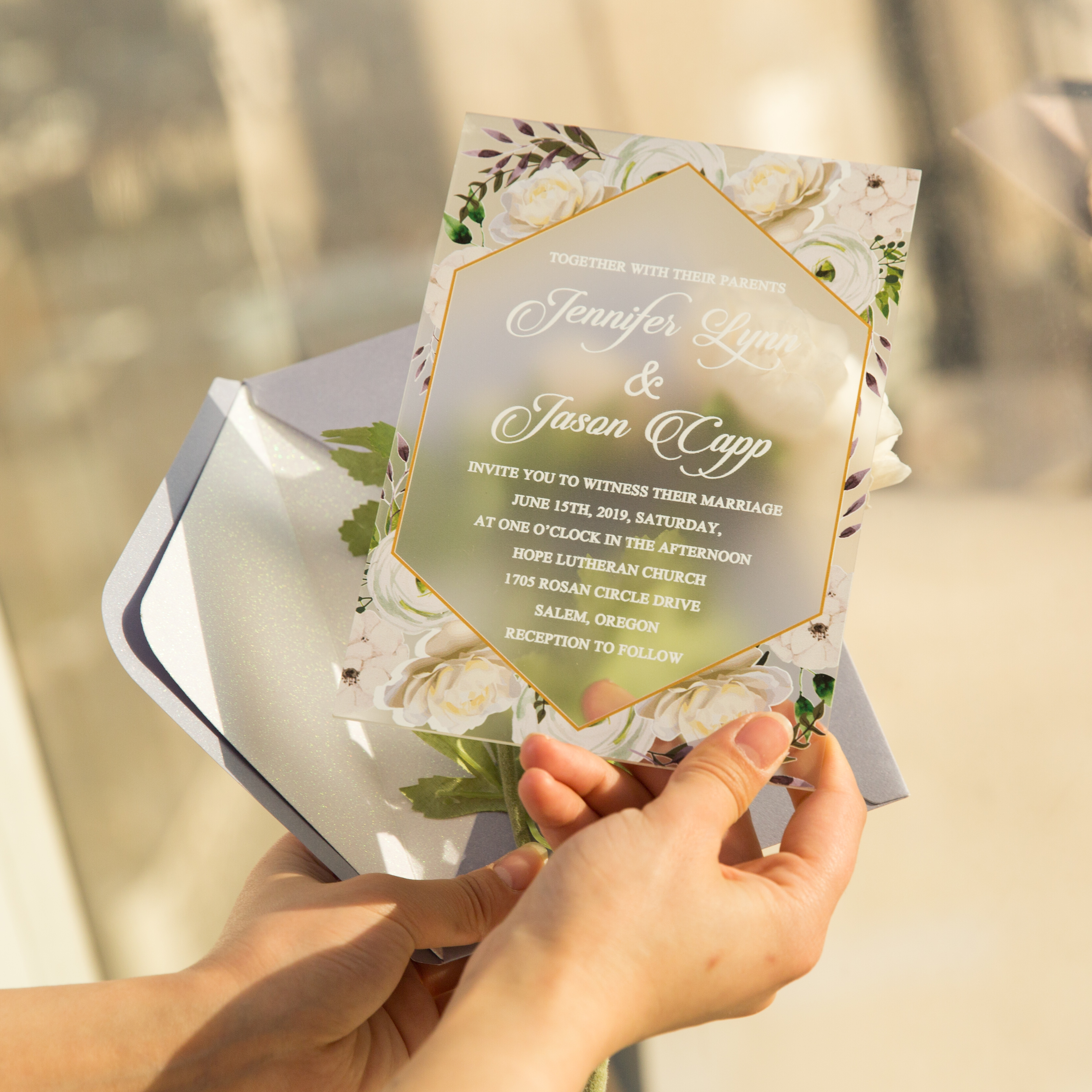 Blumen Rahmen Matt Acryl Hochzeitseinladungen mit UV Druck FACR06 - zum Schließen ins Bild klicken