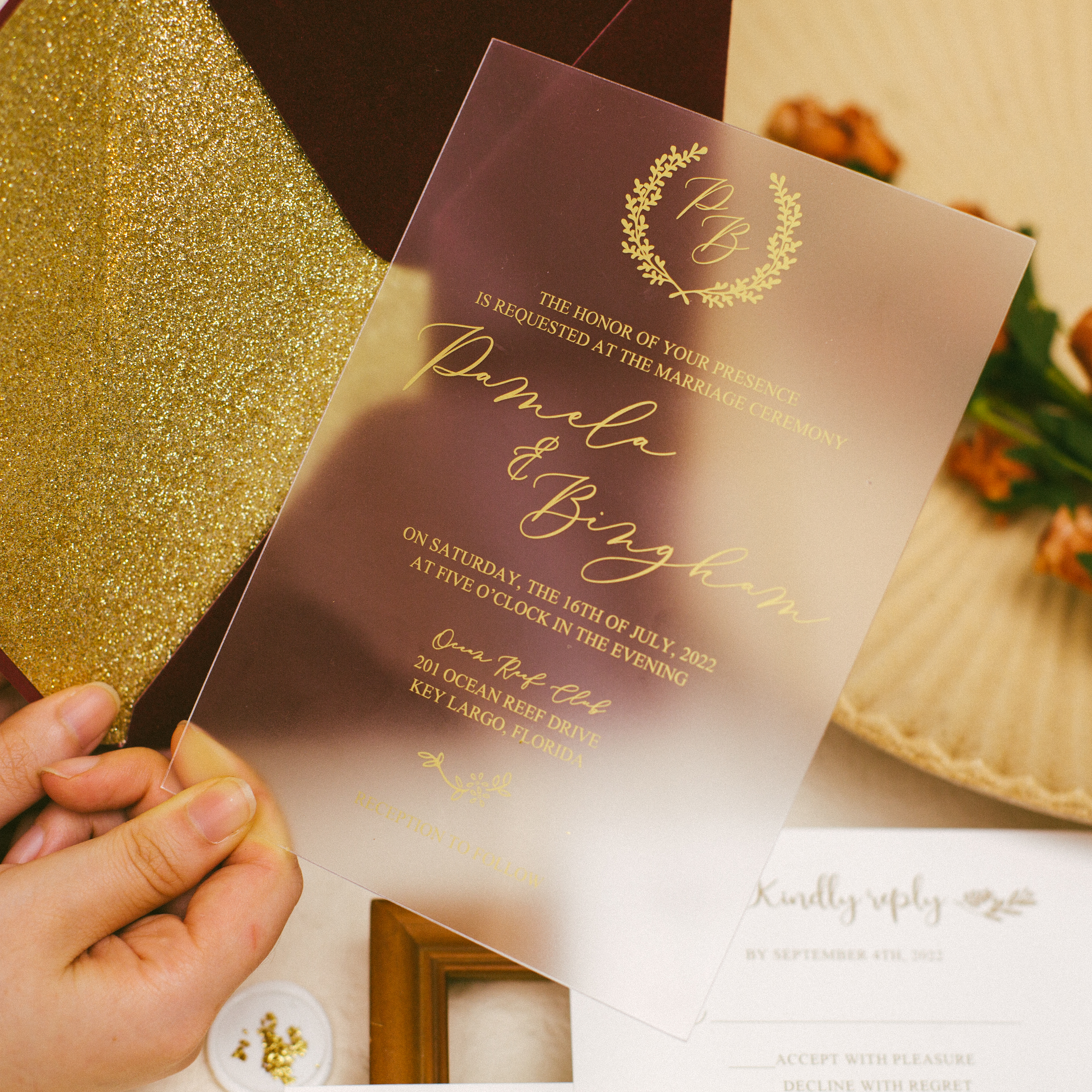 Gold Siebdruck Matt-Acryl Hochzeitseinladungen FACR09 - zum Schließen ins Bild klicken