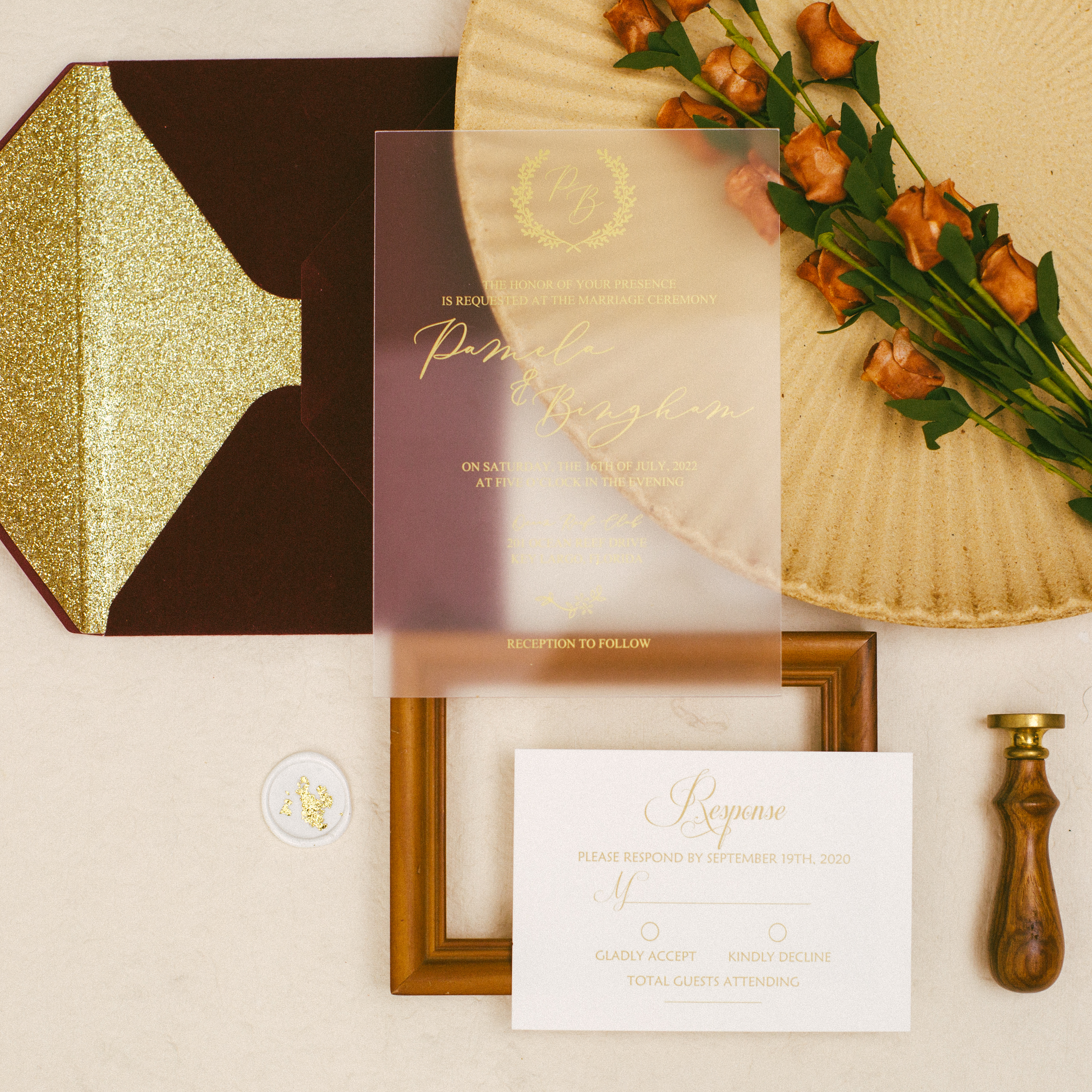 Gold Siebdruck Matt-Acryl Hochzeitseinladungen FACR09 - zum Schließen ins Bild klicken