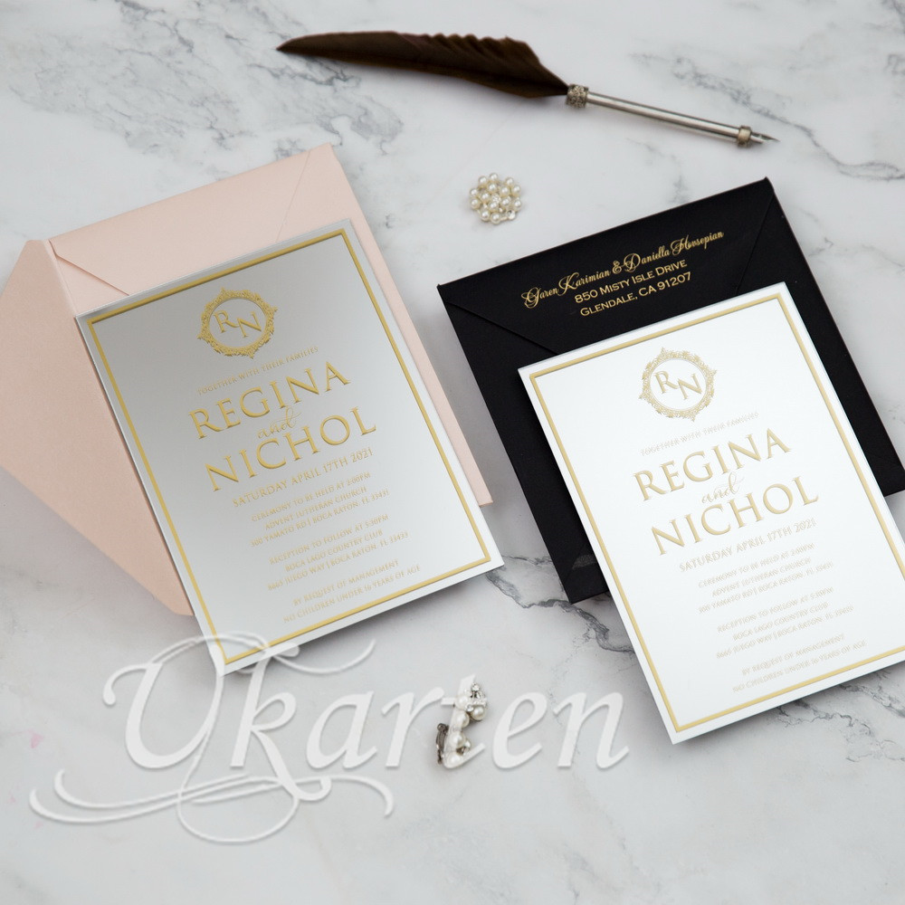 2mm Gold Siebdruck Spiegel-Acryl Hochzeitseinladungen MACR02 - zum Schließen ins Bild klicken