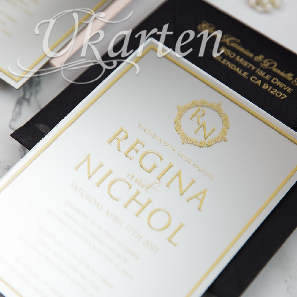 2mm Gold Siebdruck Spiegel-Acryl Hochzeitseinladungen MACR02 - zum Schließen ins Bild klicken