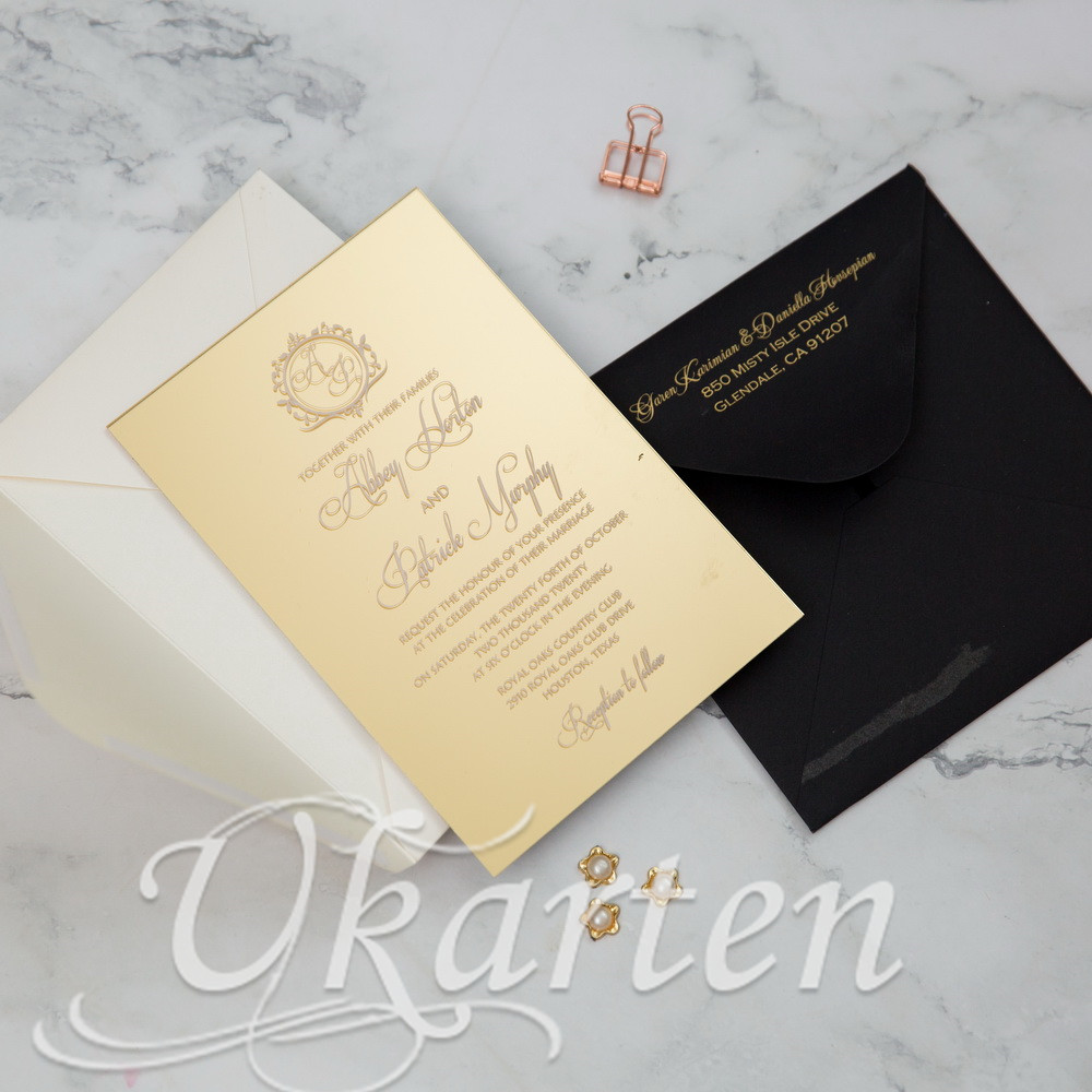 2mm Gold Siebdruck Spiegel-Acryl Hochzeitseinladungen MACR03 - zum Schließen ins Bild klicken