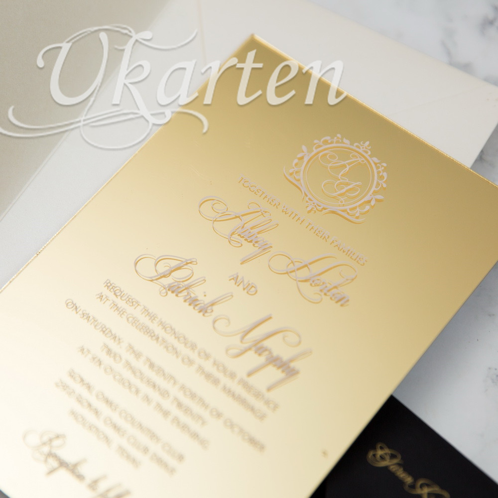 2mm Gold Siebdruck Spiegel-Acryl Hochzeitseinladungen MACR03