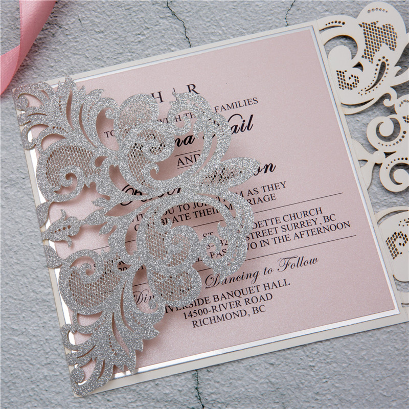 Glitter Papier Lasercut Einladungen Hochzeit WPL0002G - zum Schließen ins Bild klicken