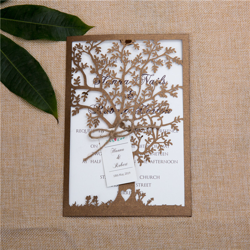 Baum Laserschnitt Hochzeitskarte Klappkarte in Braun WPL0033 - zum Schließen ins Bild klicken
