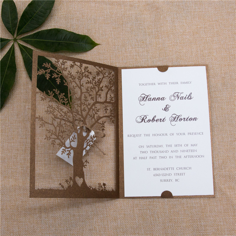 Baum Laserschnitt Hochzeitskarte Klappkarte in Braun WPL0033 - zum Schließen ins Bild klicken