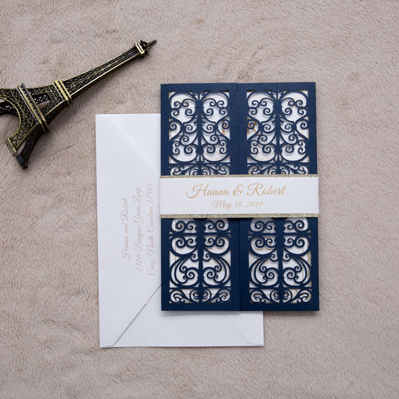 goldene & blaue Schmiedeeisen Laser geschnittene Hochzeitskarten WPL0061 - zum Schließen ins Bild klicken