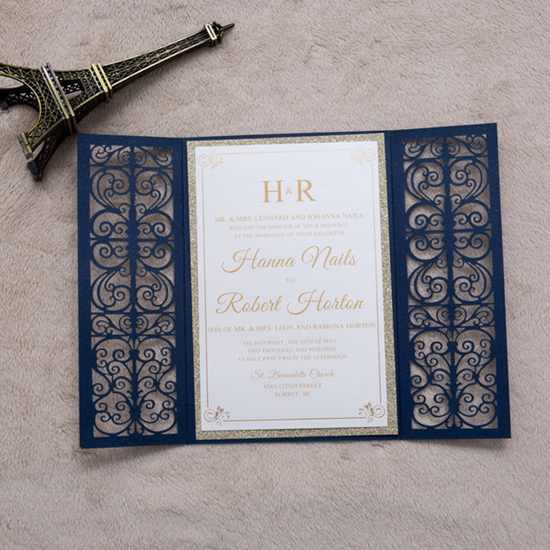 goldene & blaue Schmiedeeisen Laser geschnittene Hochzeitskarten WPL0061 - zum Schließen ins Bild klicken