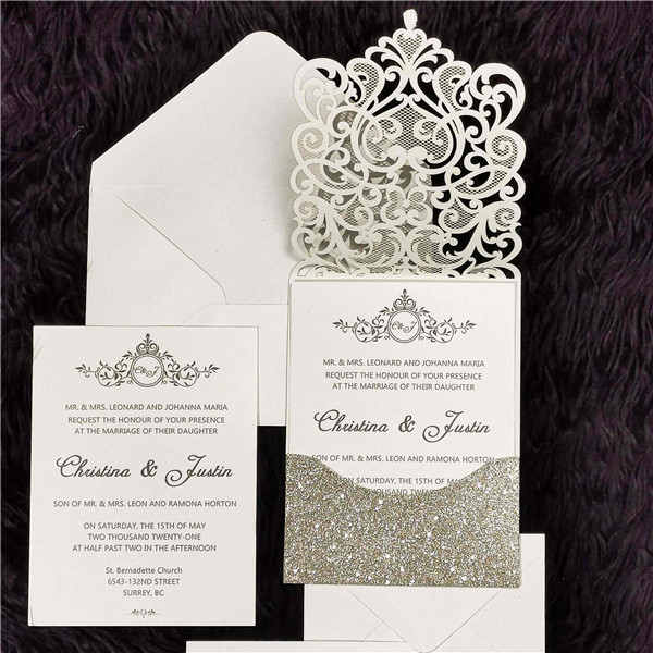 Glitter Papier Lasercut Einladungen Hochzeit WPL0074G - zum Schließen ins Bild klicken