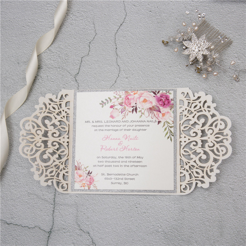 Glitter Papier Lasercut Einladungen Hochzeit WPL0135G - zum Schließen ins Bild klicken