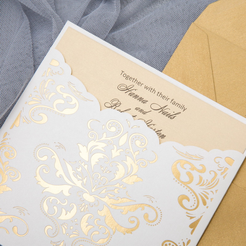 Zierte Damast Motiv Hochzeitseinladungen mit Goldfolien WPL0188F