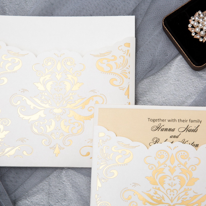 Zierte Damast Motiv Hochzeitseinladungen mit Goldfolien WPL0188F - zum Schließen ins Bild klicken