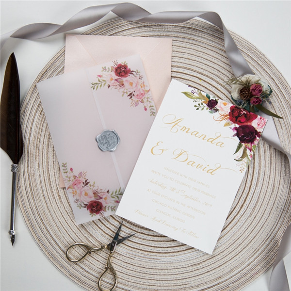 Blumen Transparentpapier Burgundy Einladungen zur Hochzeit WPV0001