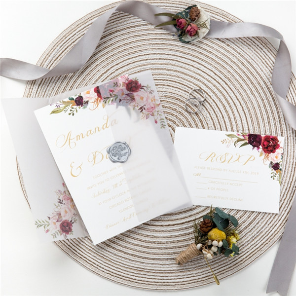 Blumen Transparentpapier Burgundy Einladungen zur Hochzeit WPV0001 - zum Schließen ins Bild klicken