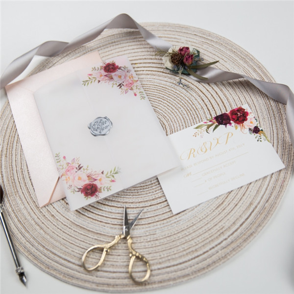 Blumen Transparentpapier Burgundy Einladungen zur Hochzeit WPV0001 - zum Schließen ins Bild klicken