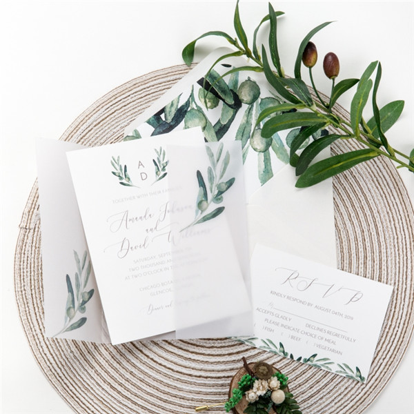 Oliven Blaetter Gruene Transparentpapier Hochzeitseinladungen WPV0002