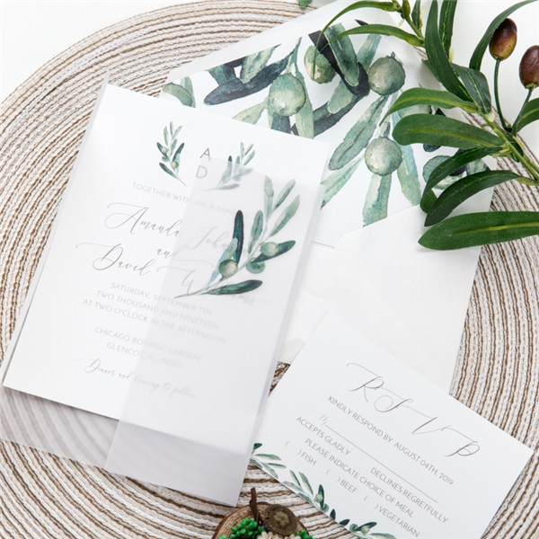 Oliven Blaetter Gruene Transparentpapier Hochzeitseinladungen WPV0002 - zum Schließen ins Bild klicken