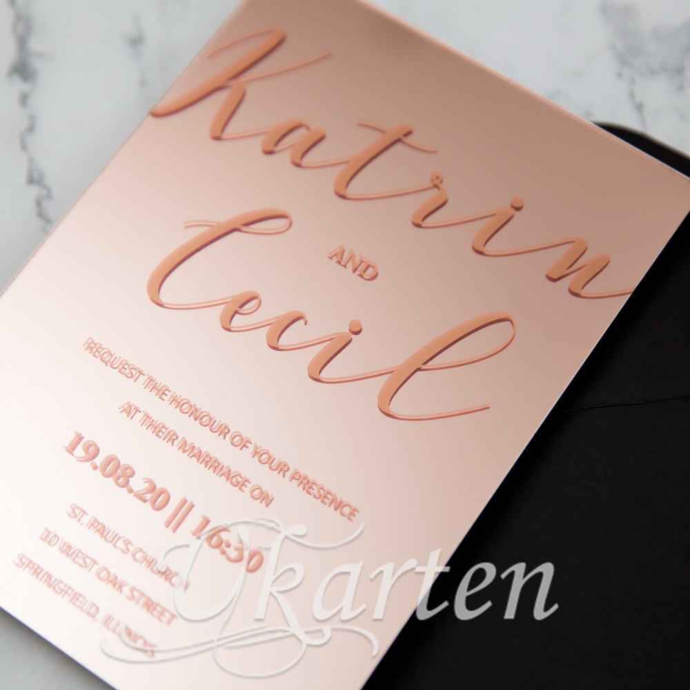 2mm Rosegold Siebdruck Spiegel-Acryl Hochzeitseinladungen MACR01