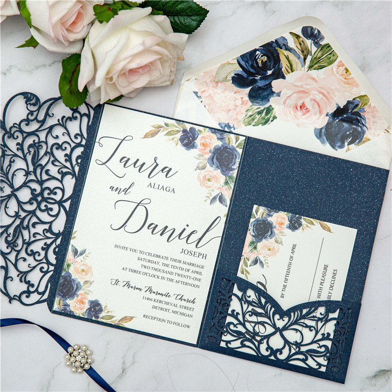 Navy Lasercut Pocket Fold Einladungen zur Hochzeit WPFC2139