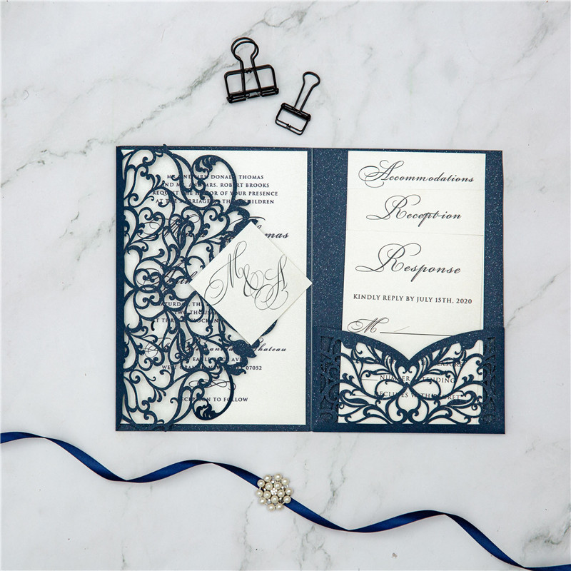 Navy Lasercut Pocket Fold Einladungen zur Hochzeit WPFC2139