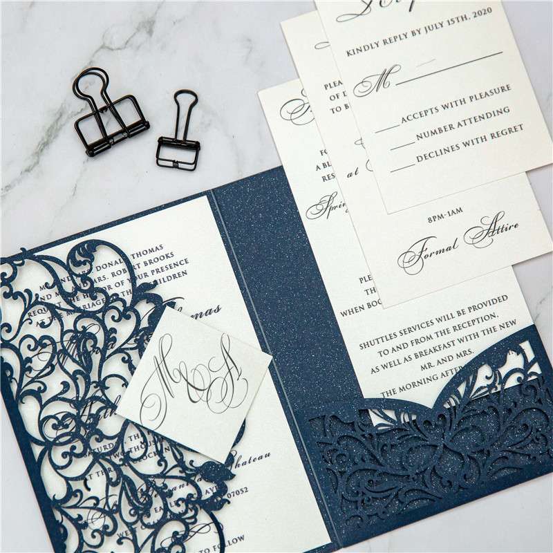 Navy Lasercut Pocket Fold Einladungen zur Hochzeit WPFC2139