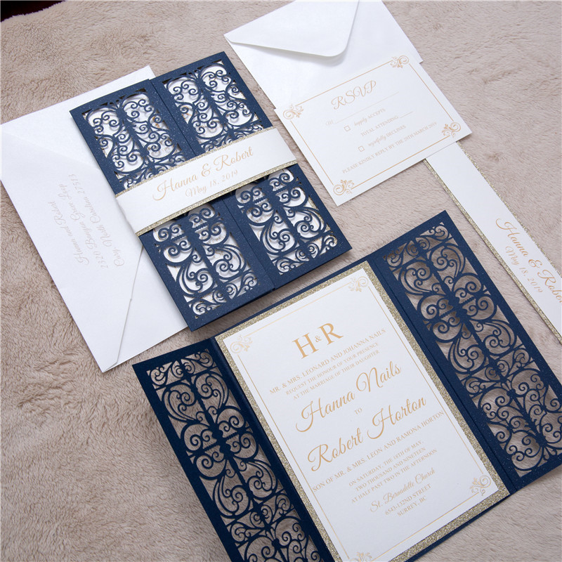 goldene & blaue Schmiedeeisen Laser geschnittene Hochzeitskarten WPL0061